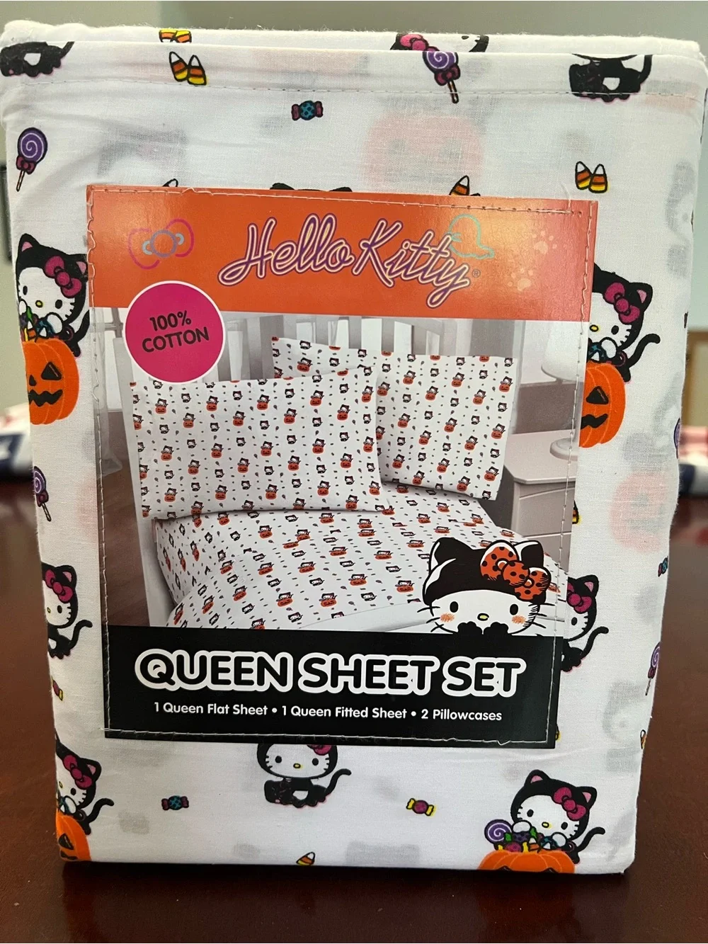 Hello Kitty Halloween Queen Sheet Set - White with Orange & Pink Accents